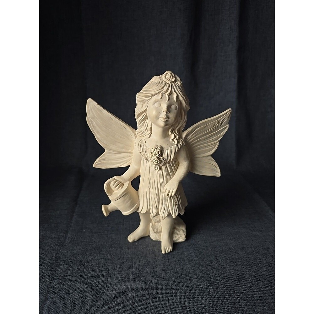 Garden Fairy Girl Watering Flower Ceramic Bisque Whimsical Decor Off White